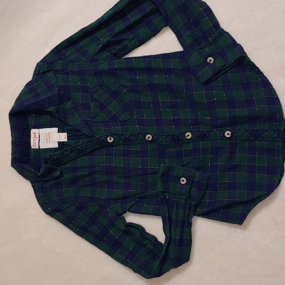 🎁Cat & Jack green, blue and gold flannel sz M 7/8